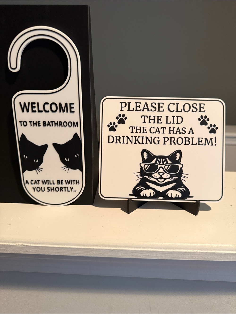 Black Cat Door Hanger & Sign Set - Cute Cat Bathroom Decor